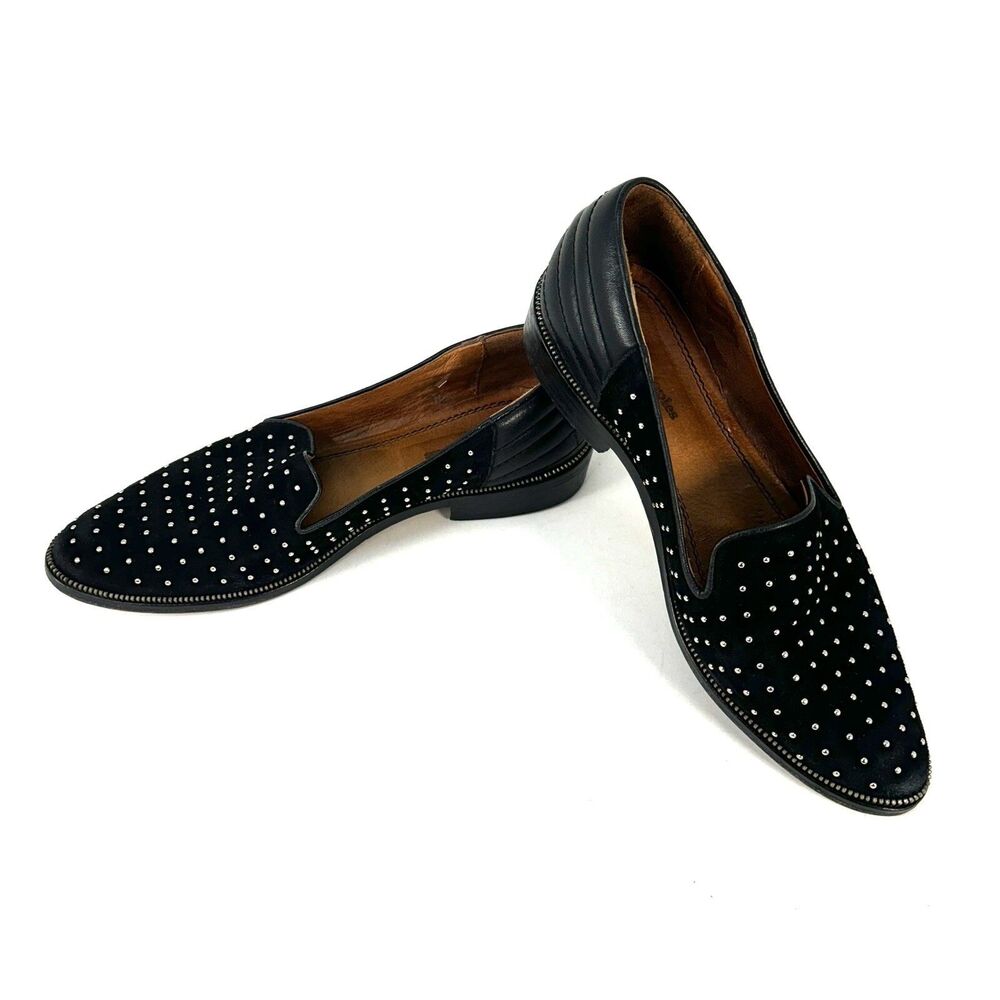 The Kooples Black Suede & Leather Studded Zipper Trim Detail Loafers Size EU 40